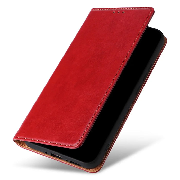 FIERRE SHANN For Samsung Galaxy A34 5G PU Leather Wallet Shockproof Cover Flip Stand Phone Case - Red - 5