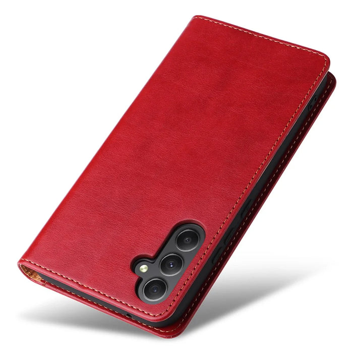 FIERRE SHANN For Samsung Galaxy A34 5G PU Leather Wallet Shockproof Cover Flip Stand Phone Case - Red - 6