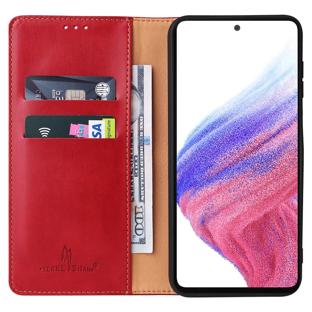 FIERRE SHANN For Samsung Galaxy A14 5G / A14 4G PU Leather Wallet Phone Case Folding Stand Anti-drop Cover - Red - 2