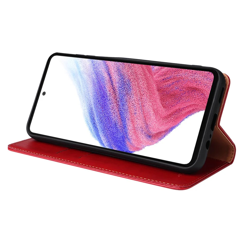 FIERRE SHANN For Samsung Galaxy A14 5G / A14 4G PU Leather Wallet Phone Case Folding Stand Anti-drop Cover - Red - 3