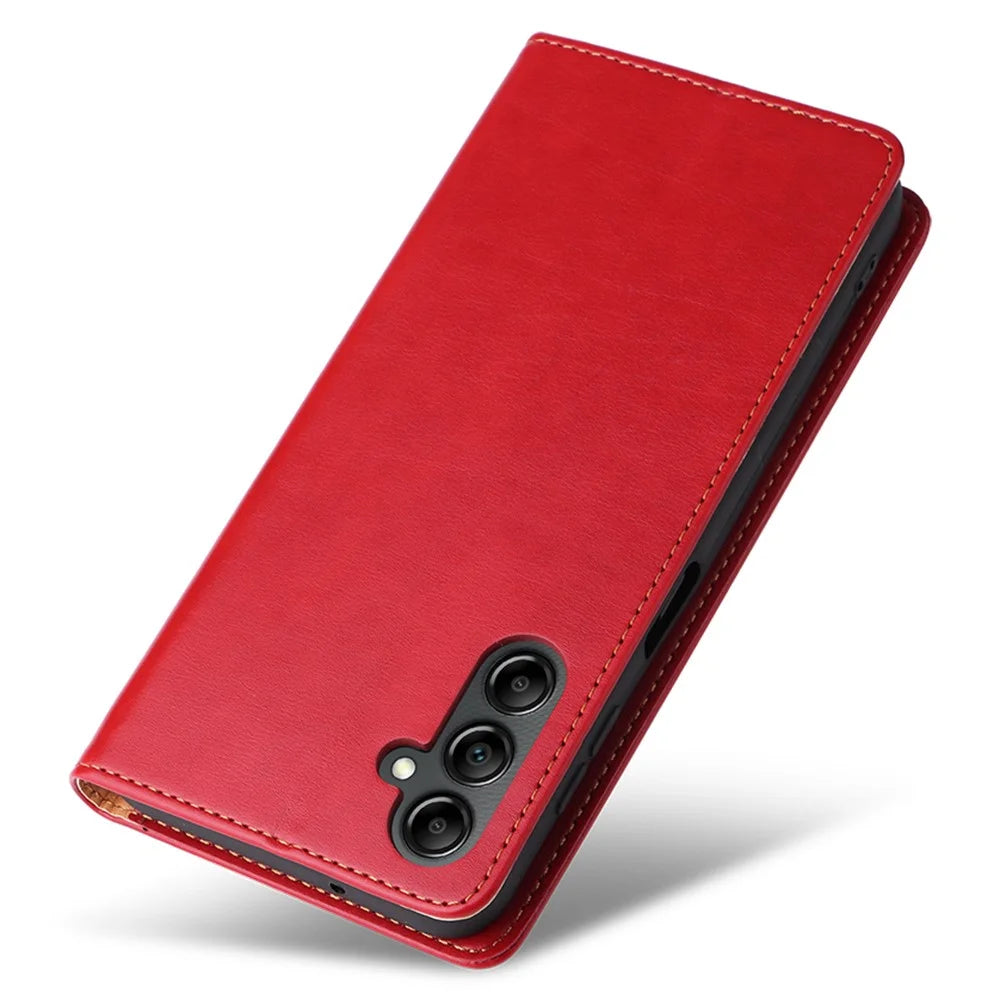 FIERRE SHANN For Samsung Galaxy A14 5G / A14 4G PU Leather Wallet Phone Case Folding Stand Anti-drop Cover - Red - 6