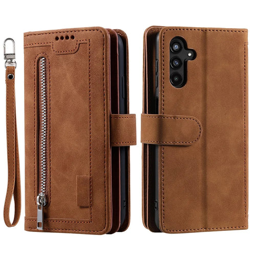 For Samsung Galaxy A24 4G (162.1 x 77.6 x 8.3mm) PU Leather Phone Case Zipper Pocket 9 Card Slots Protective Cover - Brown - 1