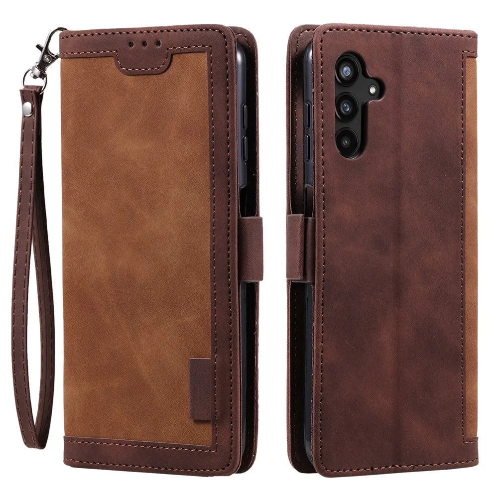For Samsung Galaxy A24 4G (162.1 x 77.6 x 8.3mm) Leather Phone Case Stand Wallet Retro Color Splicing Cover with Strap - Brown - 1