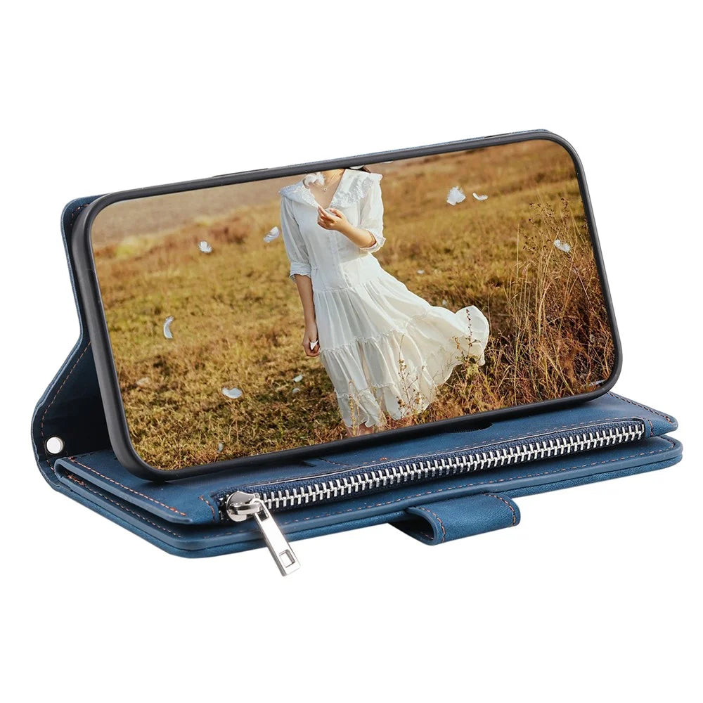 Zippered Wallet Phone Case for Samsung Galaxy A34 5G PU Leather Cover Rhombus Imprinted Phone Shell with Strap - Blue - 3
