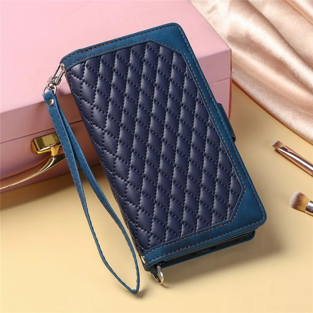 Zippered Wallet Phone Case for Samsung Galaxy A34 5G PU Leather Cover Rhombus Imprinted Phone Shell with Strap - Blue - 7