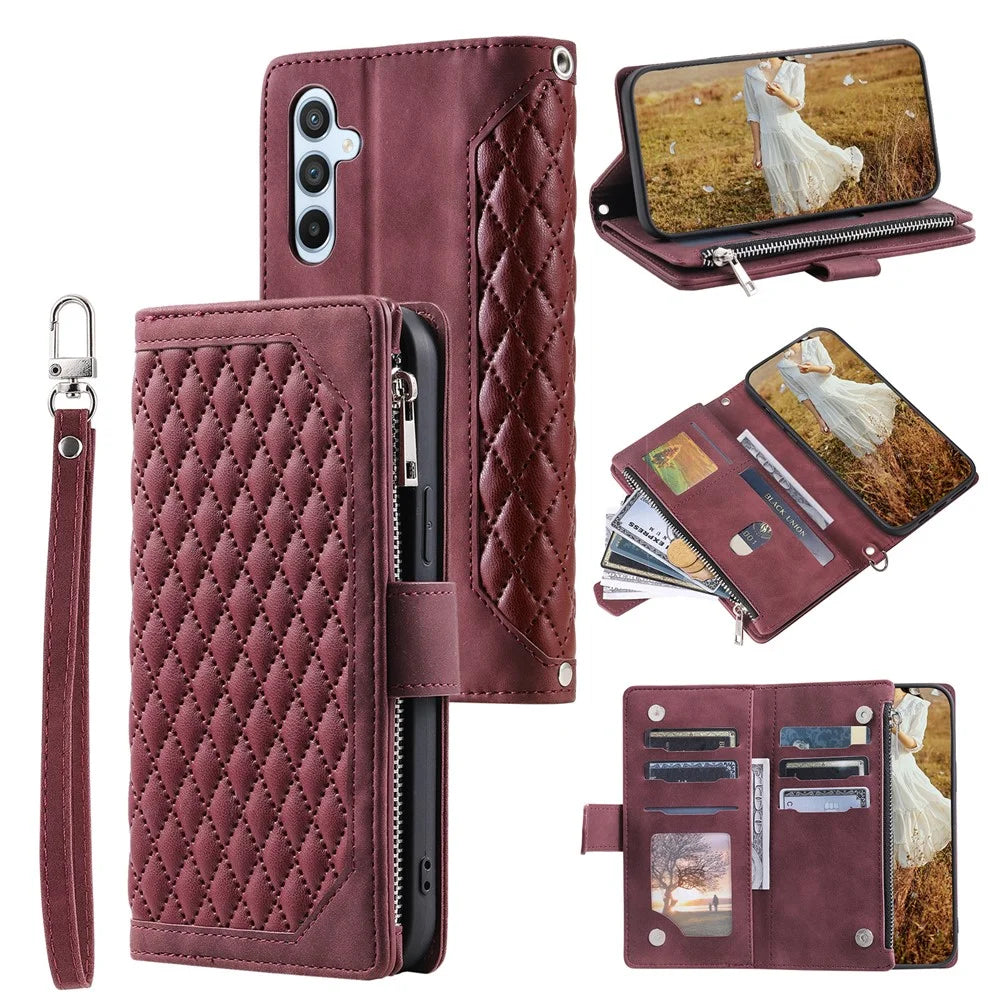 For Samsung Galaxy A54 5G Anti-Dust PU Leather Phone Case Rhombus Texture Zipper Wallet Cover with Strap - Wine Red - 1
