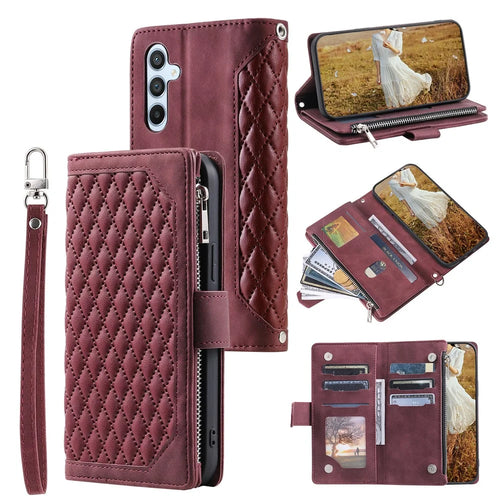 For Samsung Galaxy A54 5G Anti-Dust PU Leather Phone Case Rhombus Texture Zipper Wallet Cover with Strap - Wine Red - 1