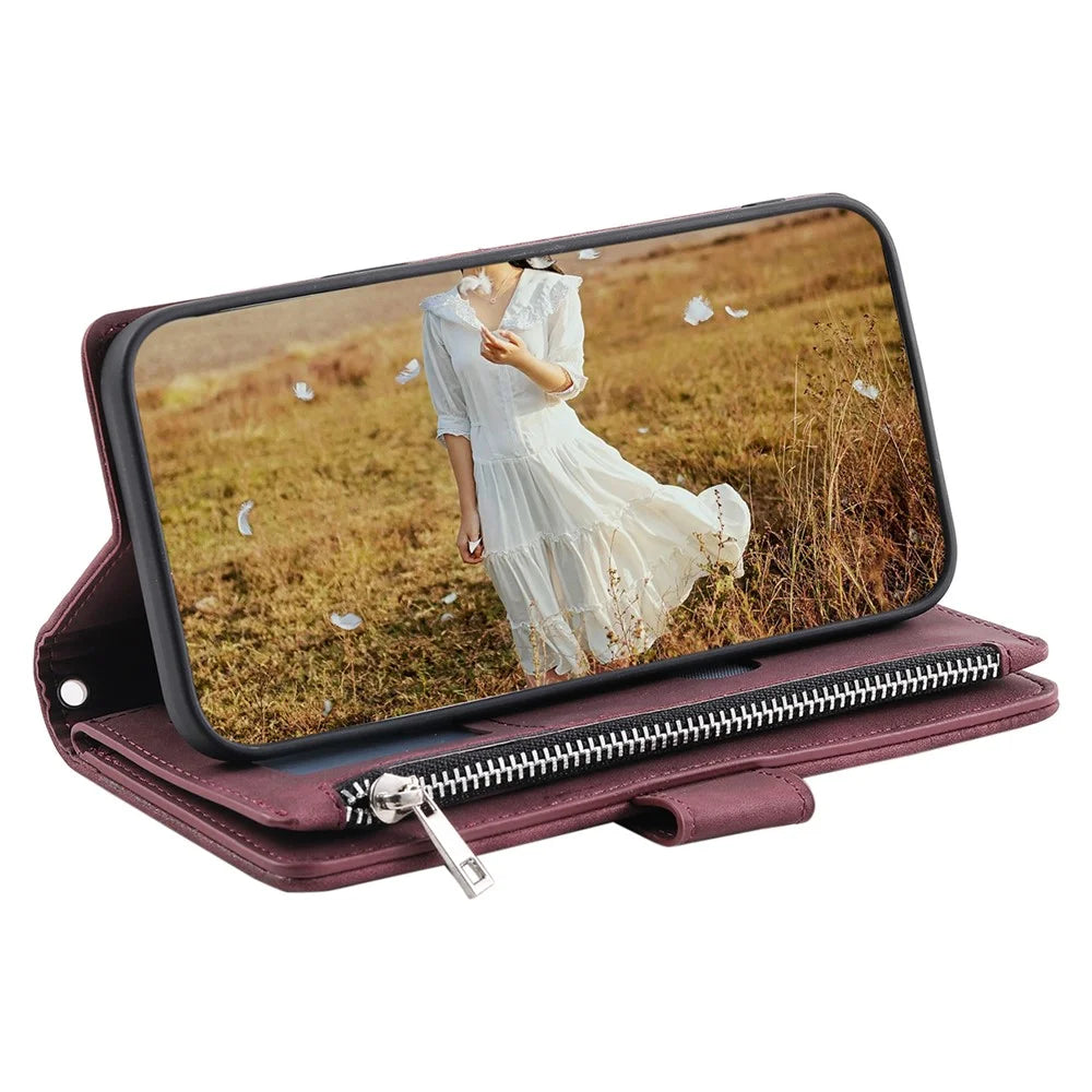For Samsung Galaxy A54 5G Anti-Dust PU Leather Phone Case Rhombus Texture Zipper Wallet Cover with Strap - Wine Red - 3