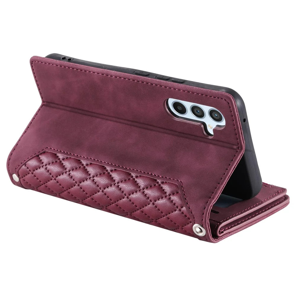For Samsung Galaxy A54 5G Anti-Dust PU Leather Phone Case Rhombus Texture Zipper Wallet Cover with Strap - Wine Red - 4