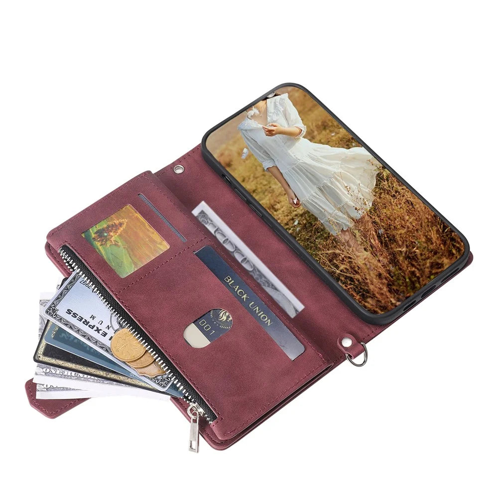 For Samsung Galaxy A54 5G Anti-Dust PU Leather Phone Case Rhombus Texture Zipper Wallet Cover with Strap - Wine Red - 5
