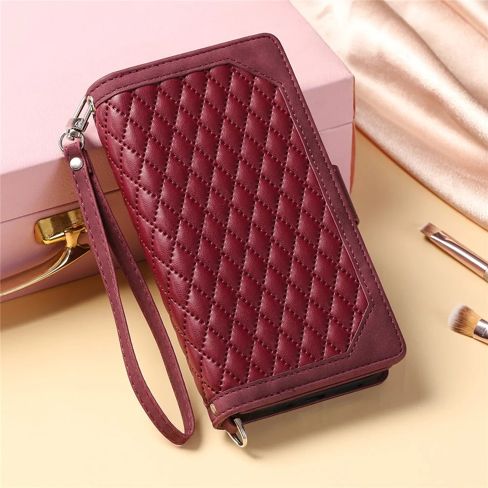 For Samsung Galaxy A54 5G Anti-Dust PU Leather Phone Case Rhombus Texture Zipper Wallet Cover with Strap - Wine Red - 7