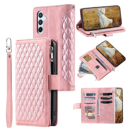 For Samsung Galaxy A14 5G / 4G PU Leather Phone Case Rhombus Imprinted Zipper Wallet Cover with Strap - Rose Gold - 1