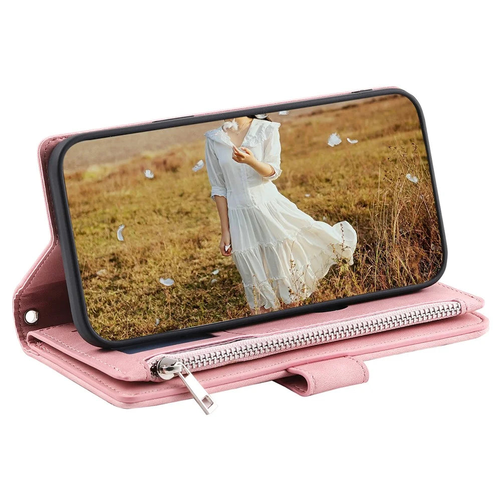 For Samsung Galaxy A14 5G / 4G PU Leather Phone Case Rhombus Imprinted Zipper Wallet Cover with Strap - Rose Gold - 3