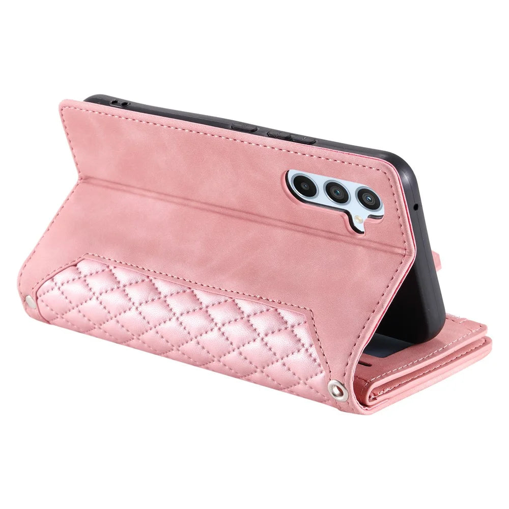 For Samsung Galaxy A14 5G / 4G PU Leather Phone Case Rhombus Imprinted Zipper Wallet Cover with Strap - Rose Gold - 4