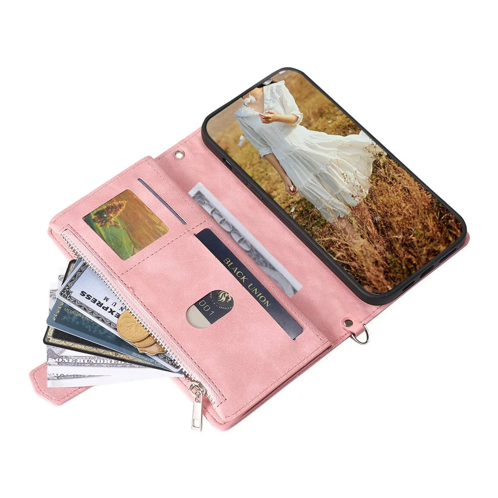 For Samsung Galaxy A14 5G / 4G PU Leather Phone Case Rhombus Imprinted Zipper Wallet Cover with Strap - Rose Gold - 5