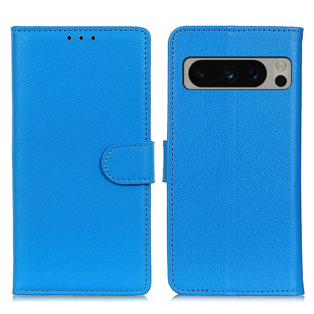Phone Case for Google Pixel 8 Pro Litchi Texture Leather Wallet Flip Stand Phone Cover - Blue - 1