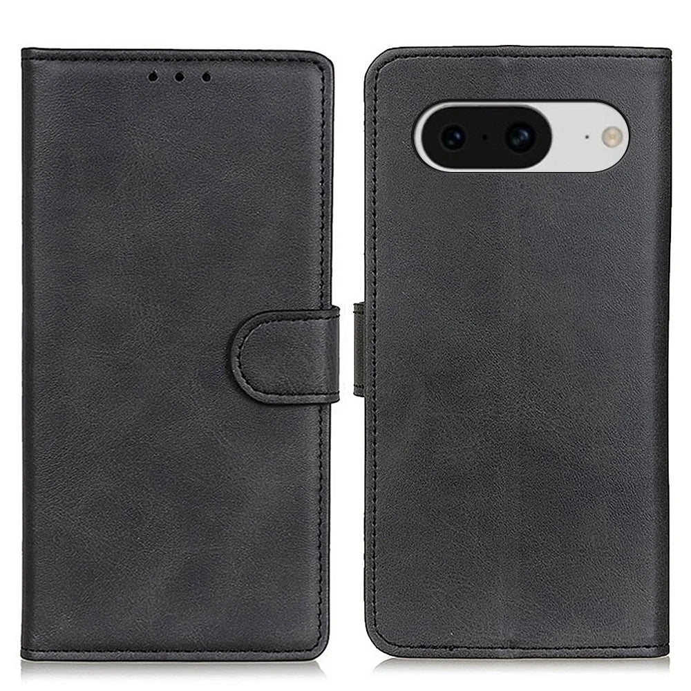 Flip Phone Case for Google Pixel 8 PU Leather Cowhide Texture Wallet Stand Protective Cover - Black - 1