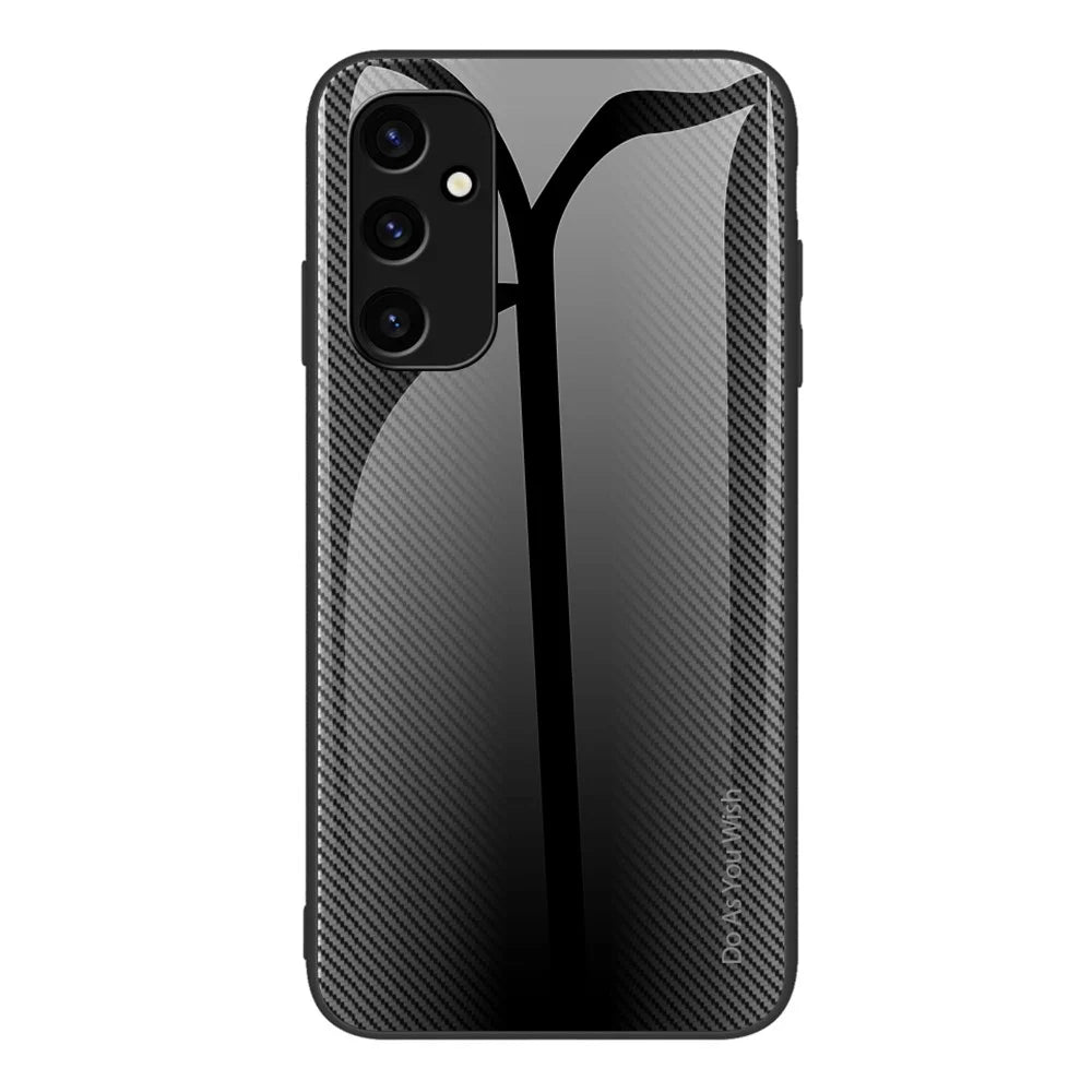 For Samsung Galaxy A24 4G (162.1 x 77.6 x 8.3mm) Tempered Glass + TPU Protective Case Carbon Fiber Texture Anti-Scratch Phone Cover - Black - 1