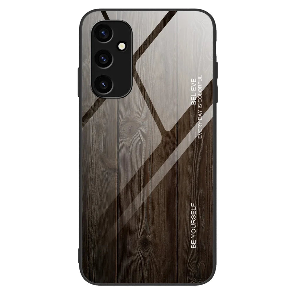For Samsung Galaxy A24 4G (162.1 x 77.6 x 8.3mm) Tempered Glass+TPU Phone Case Wooden Pattern Phone Cover - Black - 1