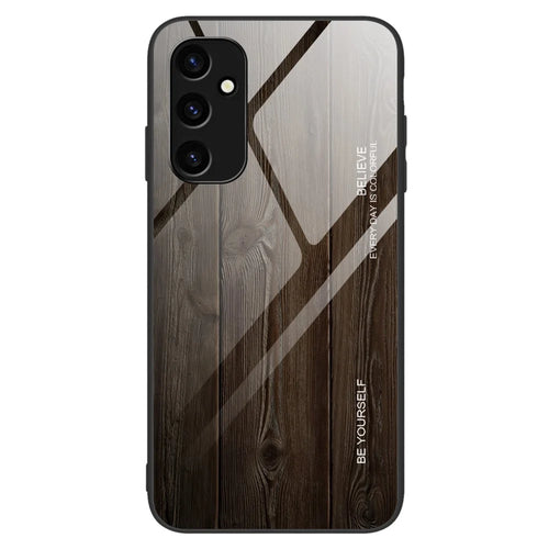 For Samsung Galaxy A24 4G (162.1 x 77.6 x 8.3mm) Tempered Glass+TPU Phone Case Wooden Pattern Phone Cover - Black - 1