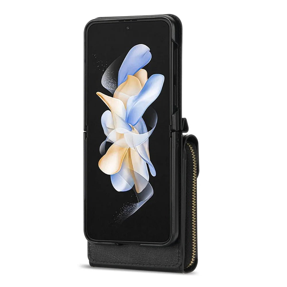 For Samsung Galaxy Z Flip3 5G Zipper Card Bag Phone Case Leather+TPU+PC Cover with Shoulder Strap - Black - 3