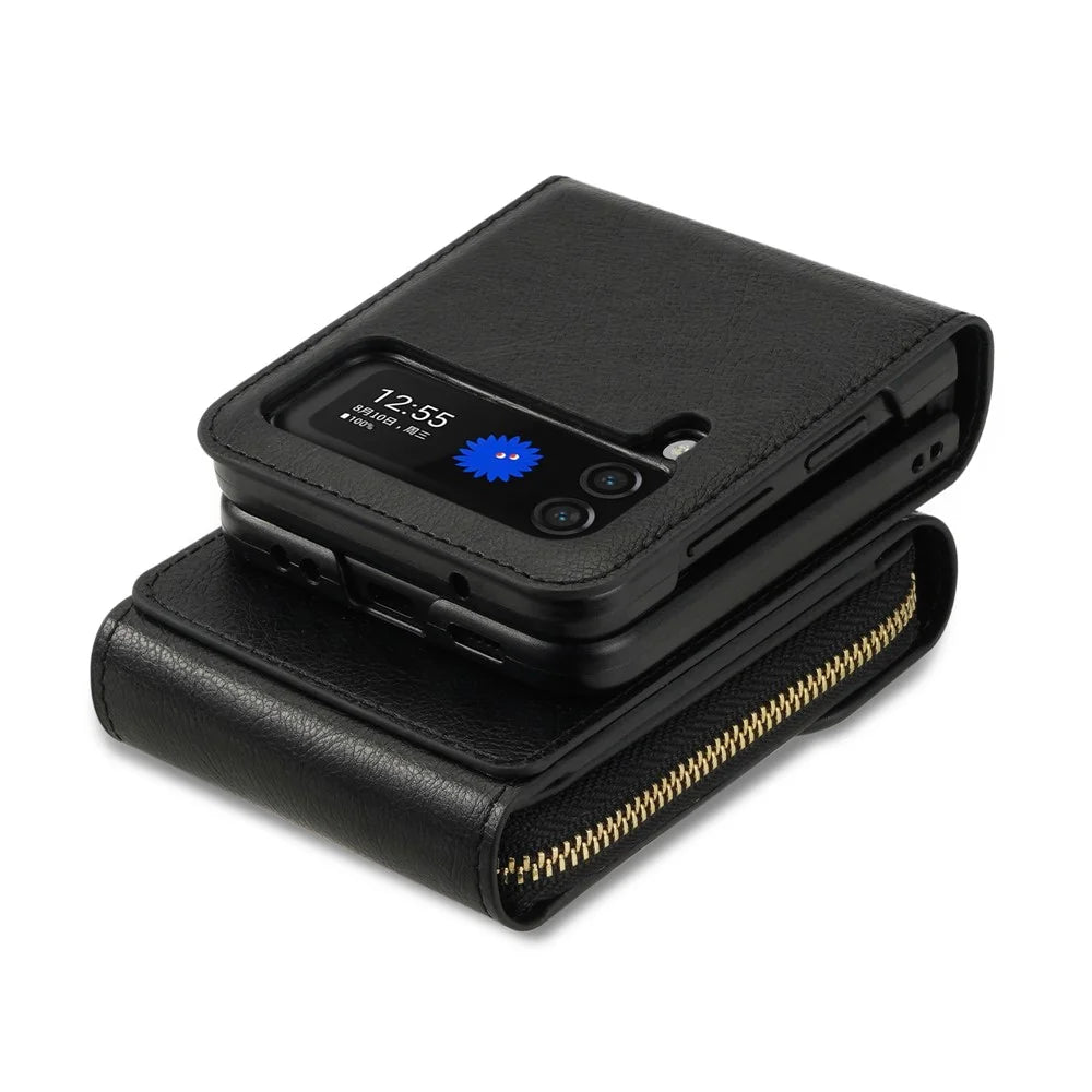 For Samsung Galaxy Z Flip3 5G Zipper Card Bag Phone Case Leather+TPU+PC Cover with Shoulder Strap - Black - 7