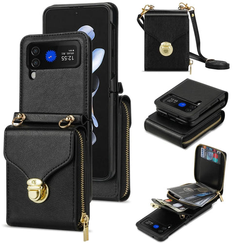 For Samsung Galaxy Z Flip4 5G Zipper Pocket Card Slot Phone Case PU Leather+TPU+PC Protective Cover - Black - 1