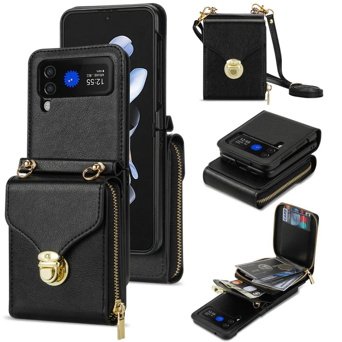 For Samsung Galaxy Z Flip4 5G Zipper Pocket Card Slot Phone Case PU Leather+TPU+PC Protective Cover - Black - 1