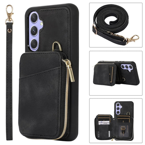 For Samsung Galaxy A34 5G Kickstand Phone Case Zipper Card Bag Leather TPU Phone Cover with Straps - Black - 1