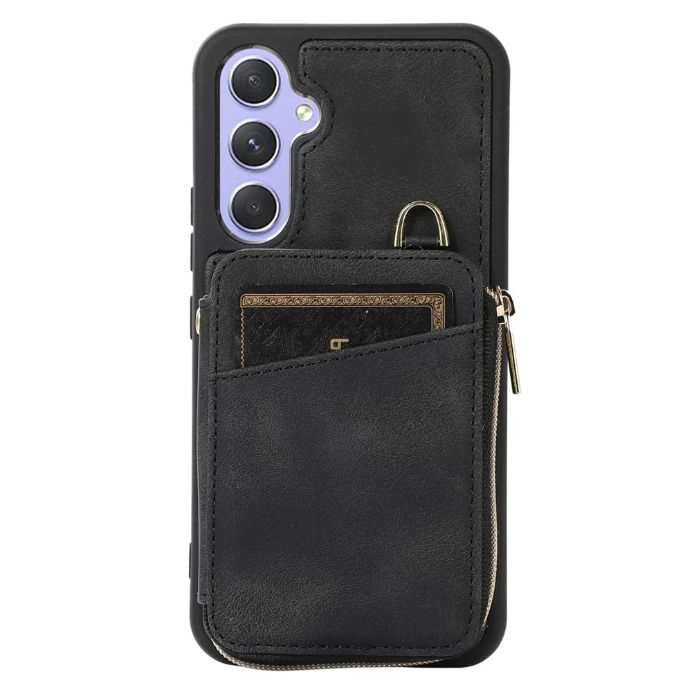For Samsung Galaxy A34 5G Kickstand Phone Case Zipper Card Bag Leather TPU Phone Cover with Straps - Black - 4