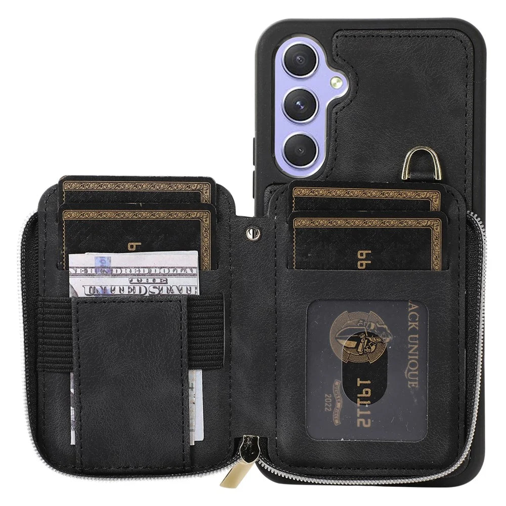 For Samsung Galaxy A14 5G / 4G Leather TPU Phone Case Zipper Card Bag Kickstand Phone Cover with Straps - Black - 2