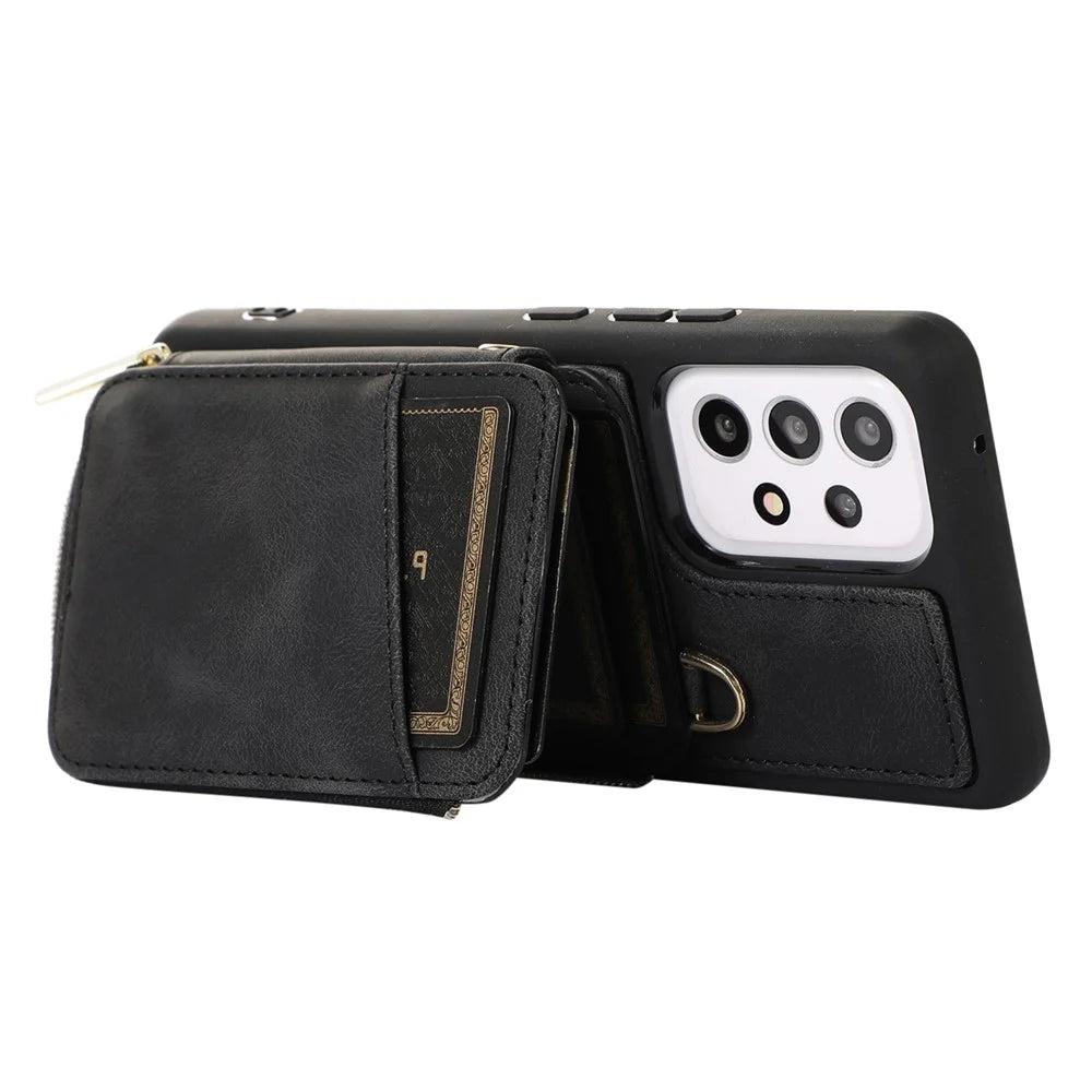 Kickstand Phone Case for Samsung Galaxy A53 5G Leather TPU Phone Cover with Zipper Card Bag, Straps - Black - 3