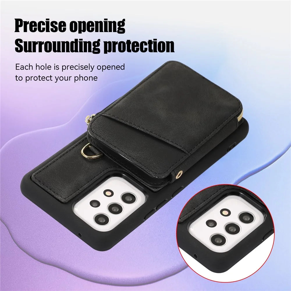 Kickstand Phone Case for Samsung Galaxy A53 5G Leather TPU Phone Cover with Zipper Card Bag, Straps - Black - 7