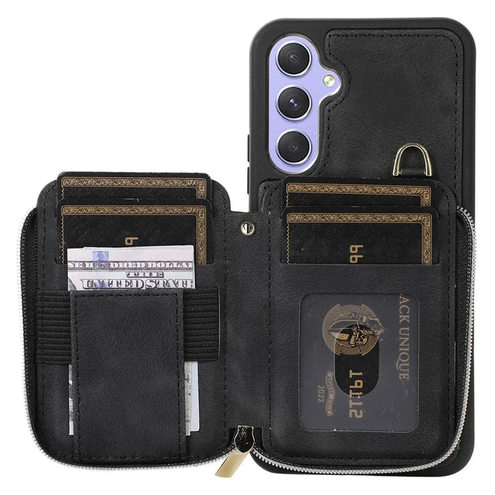 For Samsung Galaxy A54 5G Kickstand Phone Case Zipper Card Bag Leather TPU Phone Cover with Straps - Black - 2