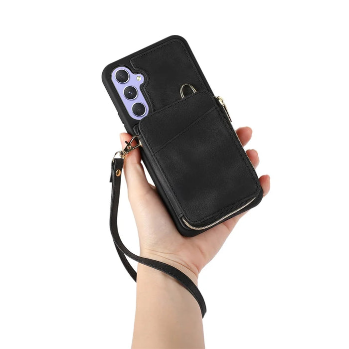 For Samsung Galaxy A54 5G Kickstand Phone Case Zipper Card Bag Leather TPU Phone Cover with Straps - Black - 5