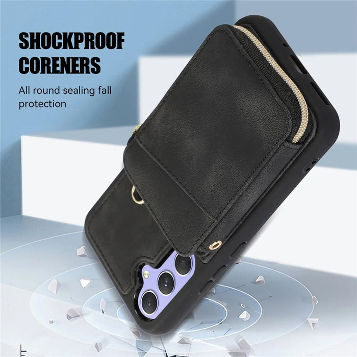 For Samsung Galaxy A54 5G Kickstand Phone Case Zipper Card Bag Leather TPU Phone Cover with Straps - Black - 6