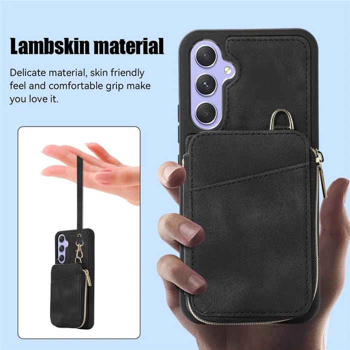 For Samsung Galaxy A54 5G Kickstand Phone Case Zipper Card Bag Leather TPU Phone Cover with Straps - Black - 7