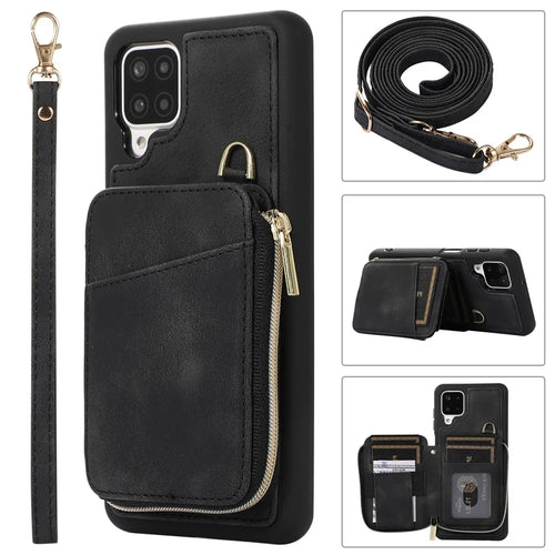 For Samsung Galaxy A12 Card Holder Slots Zipper Pocket Case PU Leather Coated TPU Kickstand Phone Cover  - Black - 1