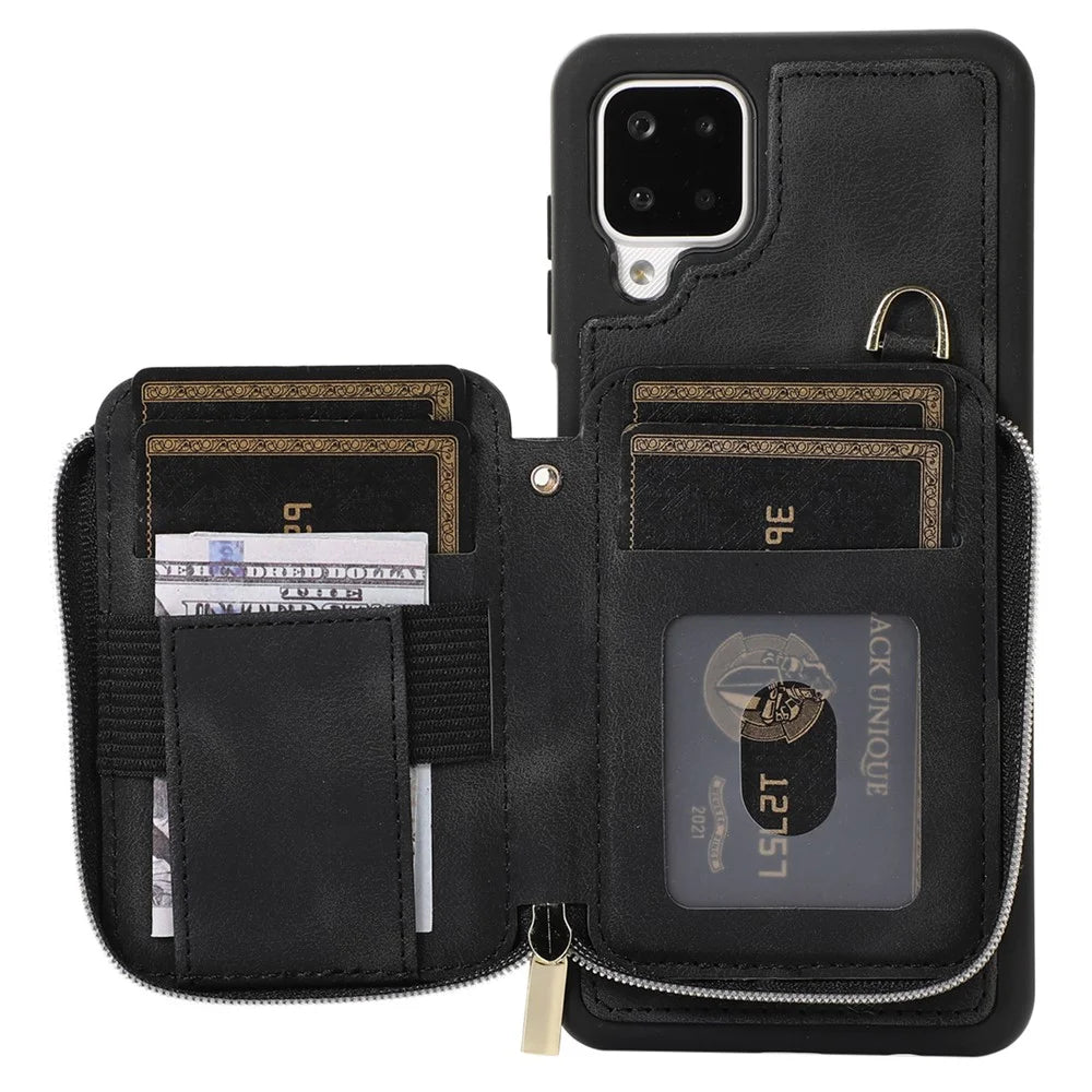 For Samsung Galaxy A12 Card Holder Slots Zipper Pocket Case PU Leather Coated TPU Kickstand Phone Cover  - Black - 2
