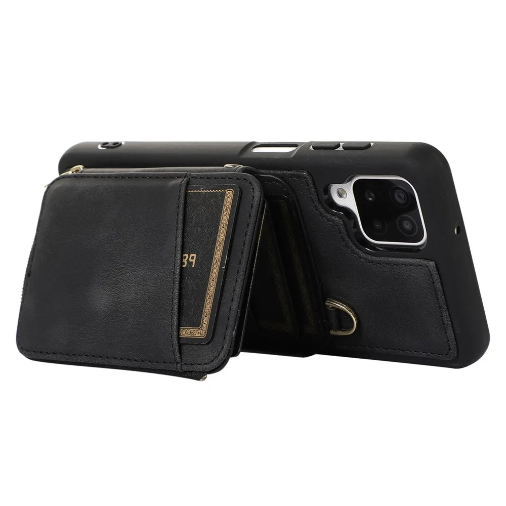 For Samsung Galaxy A12 Card Holder Slots Zipper Pocket Case PU Leather Coated TPU Kickstand Phone Cover  - Black - 3
