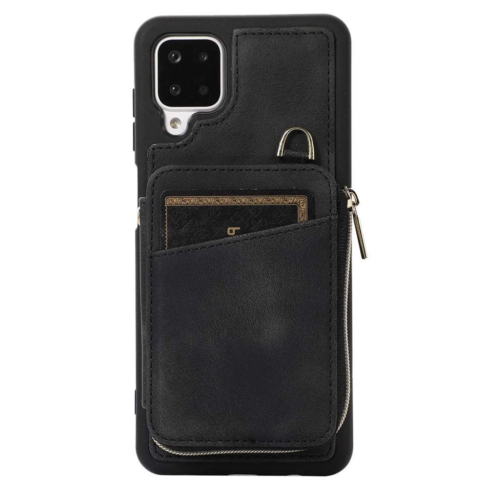 For Samsung Galaxy A12 Card Holder Slots Zipper Pocket Case PU Leather Coated TPU Kickstand Phone Cover  - Black - 4