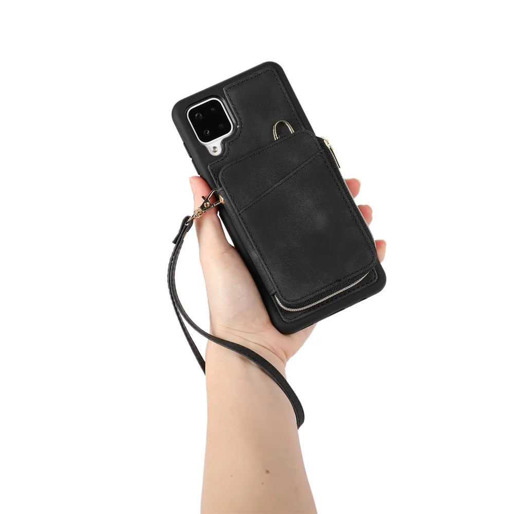 For Samsung Galaxy A12 Card Holder Slots Zipper Pocket Case PU Leather Coated TPU Kickstand Phone Cover  - Black - 5