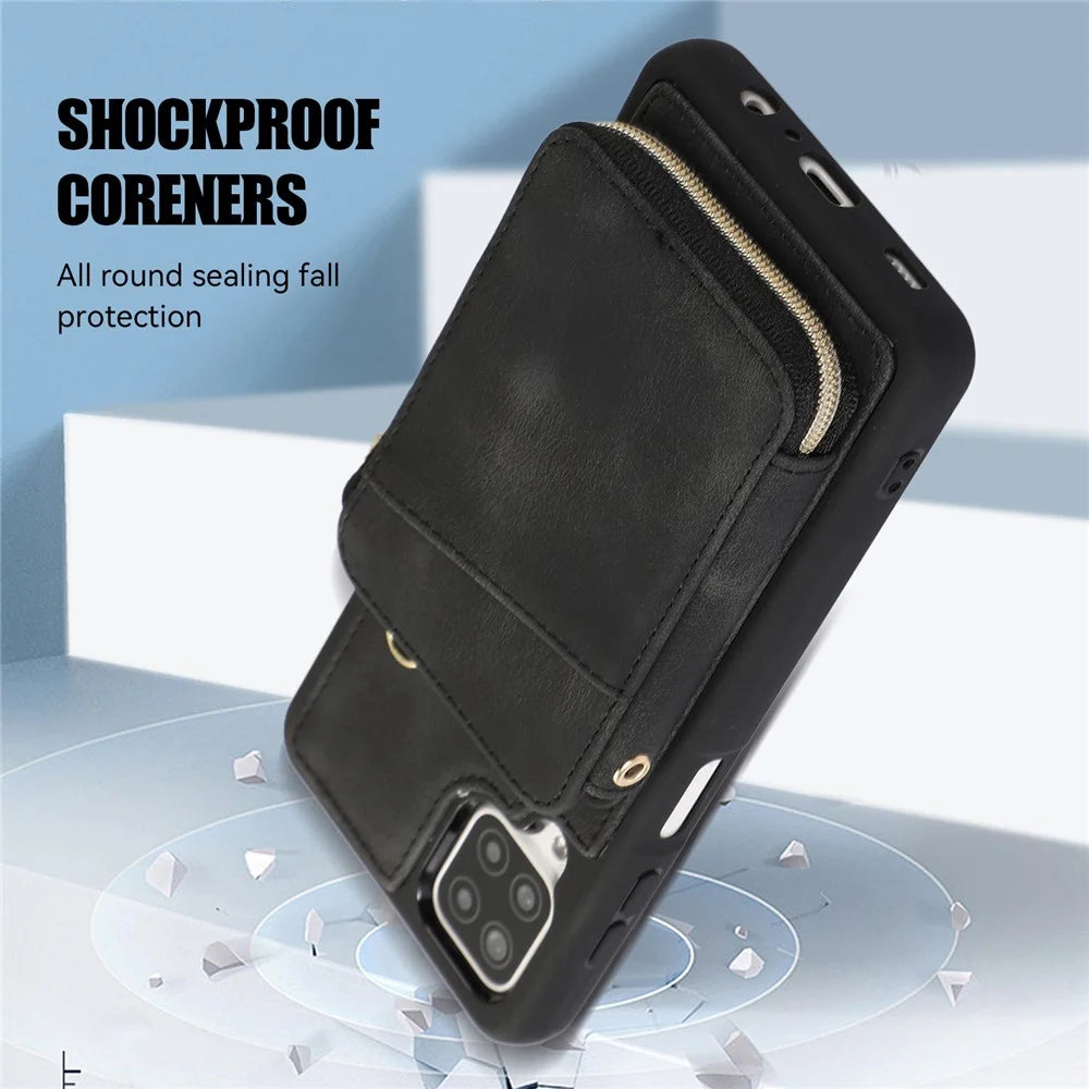 For Samsung Galaxy A12 Card Holder Slots Zipper Pocket Case PU Leather Coated TPU Kickstand Phone Cover  - Black - 6