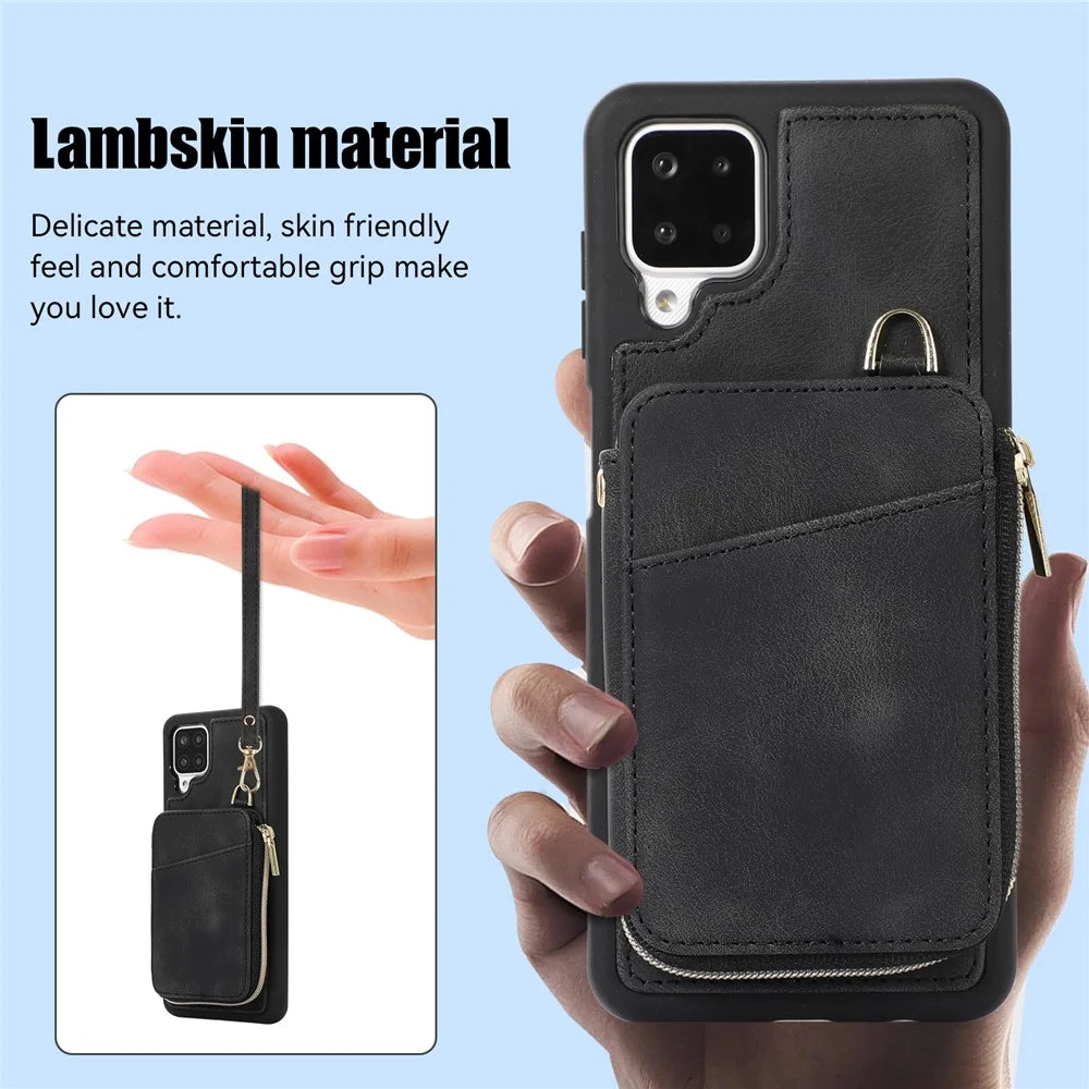 For Samsung Galaxy A12 Card Holder Slots Zipper Pocket Case PU Leather Coated TPU Kickstand Phone Cover  - Black - 7