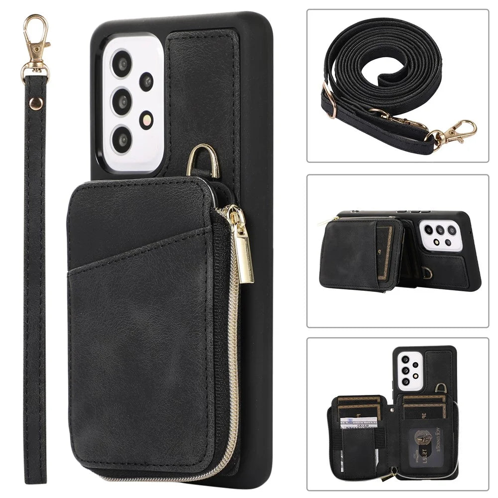 For Samsung Galaxy A52 4G / A52s 5G / A52 5G Phone Case PU Leather+TPU Kickstand Phone Shell with Mini Card Bag - Black - 1