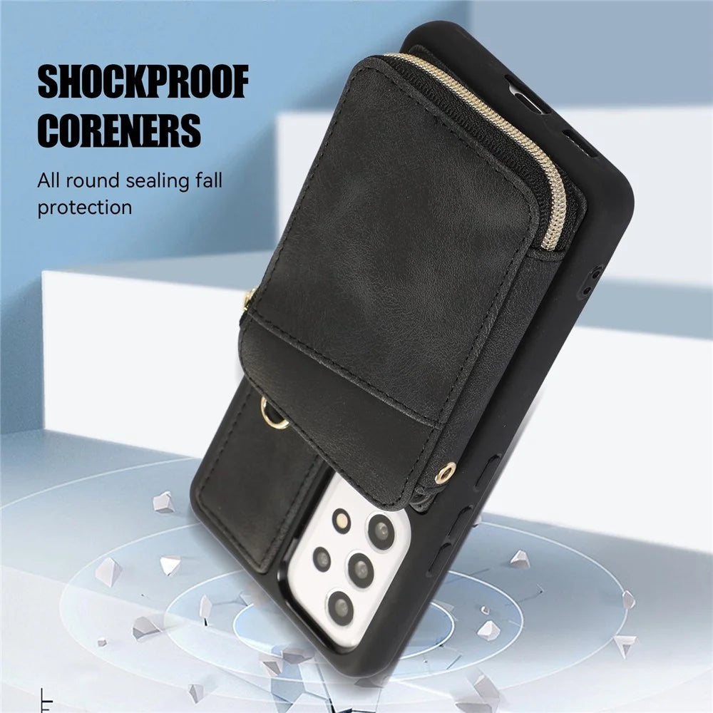 For Samsung Galaxy A52 4G / A52s 5G / A52 5G Phone Case PU Leather+TPU Kickstand Phone Shell with Mini Card Bag - Black - 6