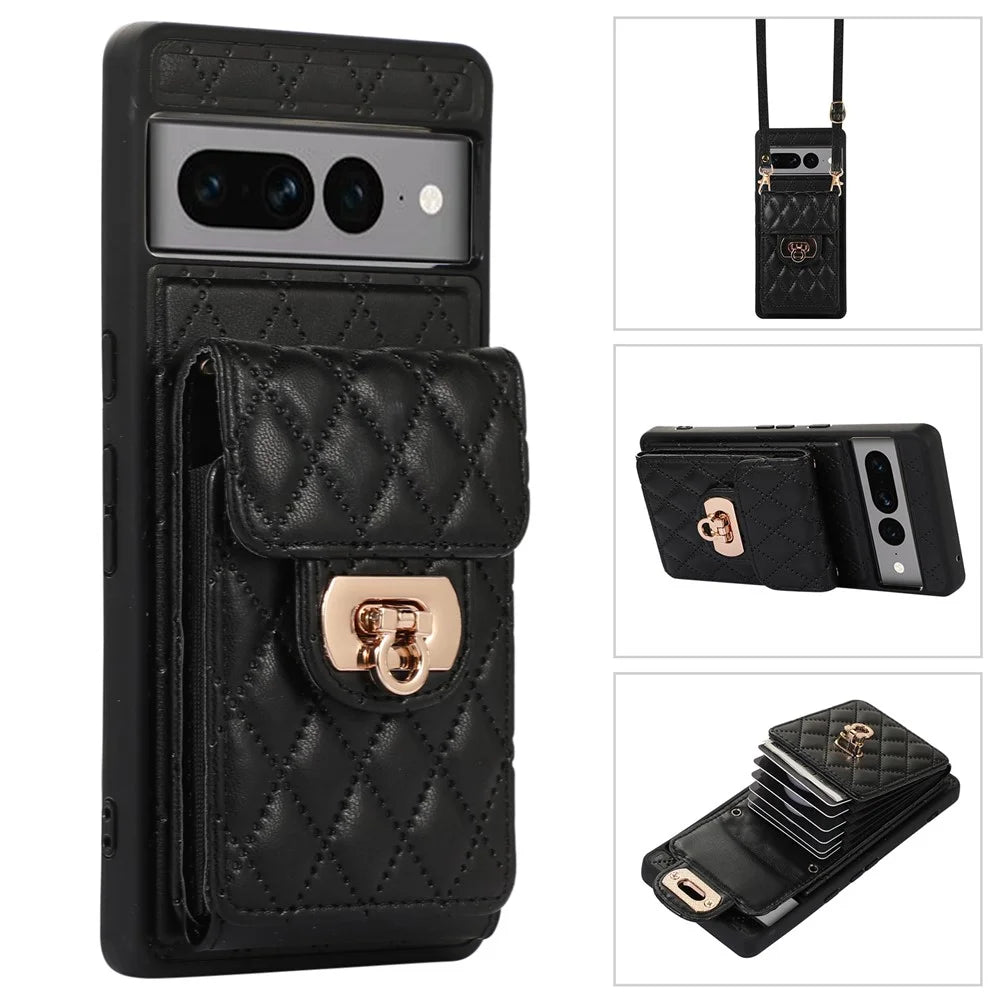 For Google Pixel 7 Pro 5G Crossbody Card Slot Bag Phone Case PU Leather+TPU Protective Kickstand Cover - Black - 1