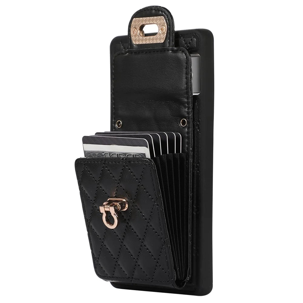 For Google Pixel 7 Pro 5G Crossbody Card Slot Bag Phone Case PU Leather+TPU Protective Kickstand Cover - Black - 4