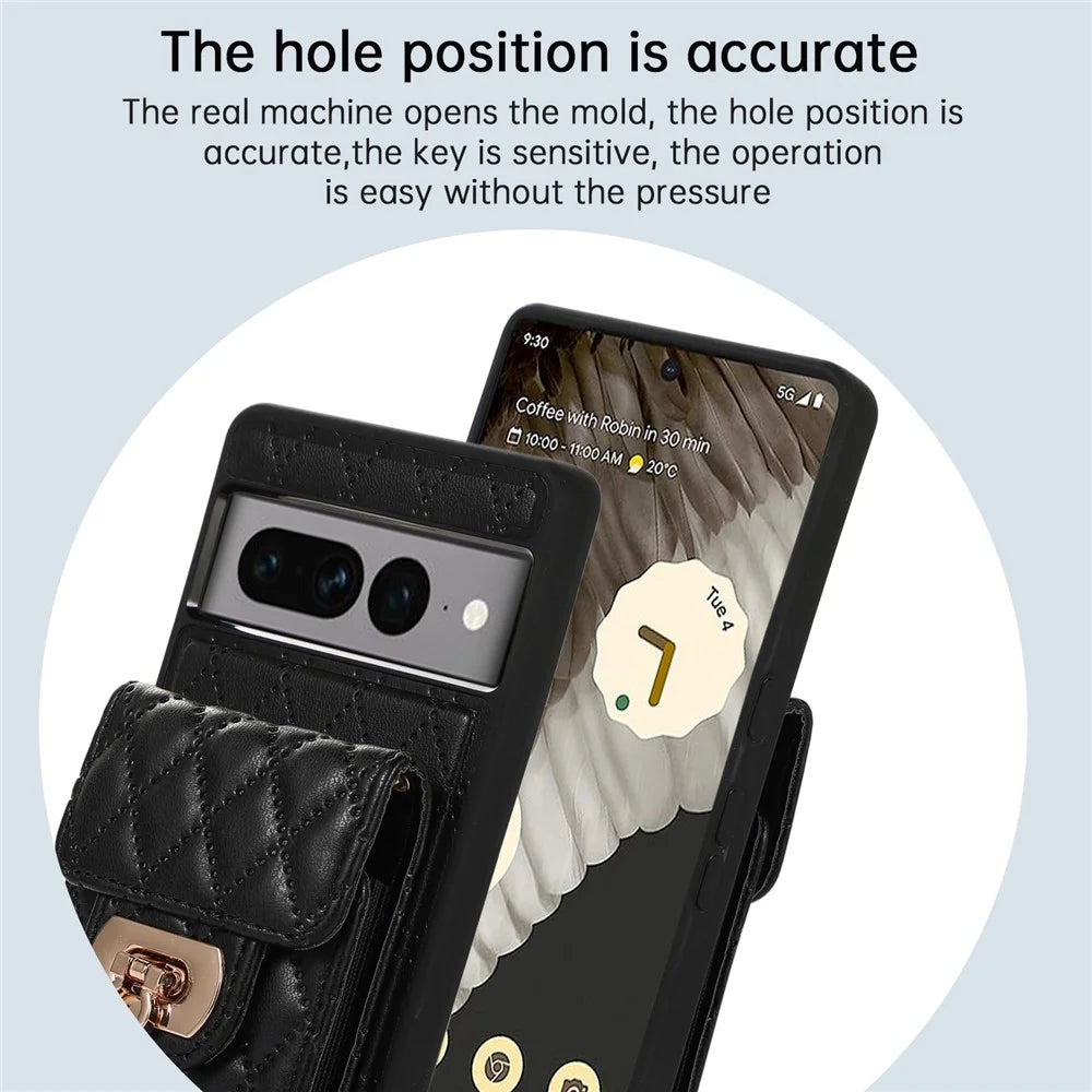 For Google Pixel 7 Pro 5G Crossbody Card Slot Bag Phone Case PU Leather+TPU Protective Kickstand Cover - Black - 6