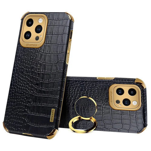 For iPhone 14 Pro 6D Electroplated Kickstand Phone Case PU Leather + TPU Crocodile Texture Back Cover - Black - 1